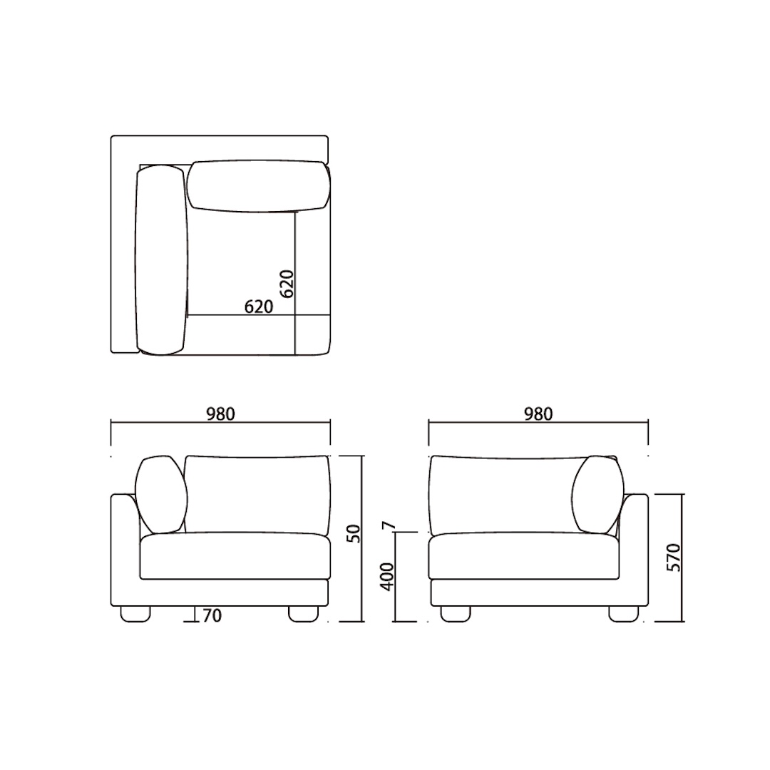 フルーソファ右肘 三面図